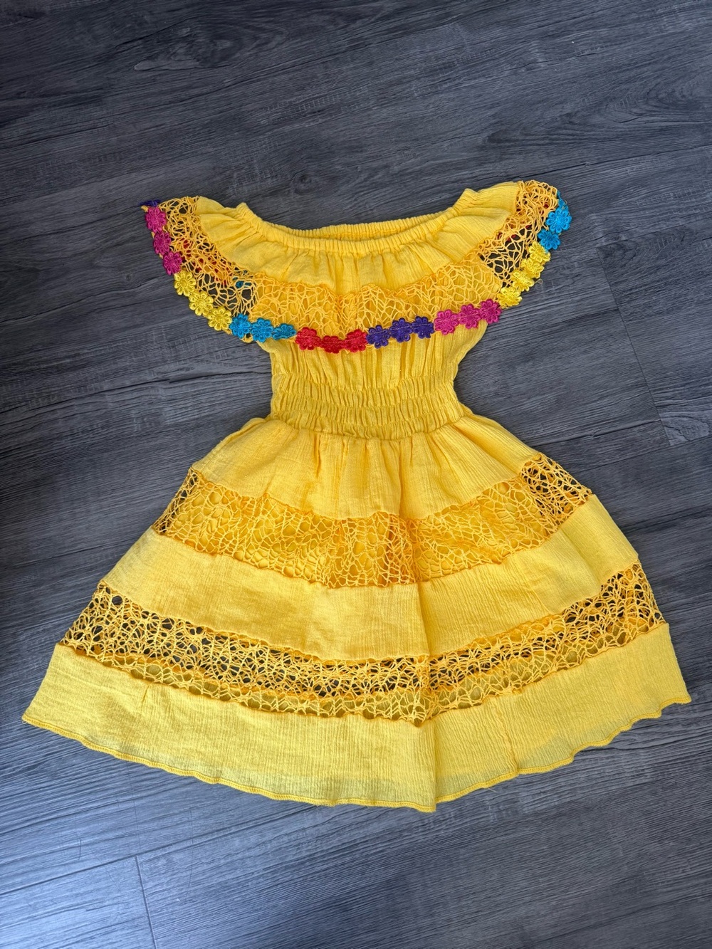 Yellow Off-Shoulder Crochet Flower Mexican Dress